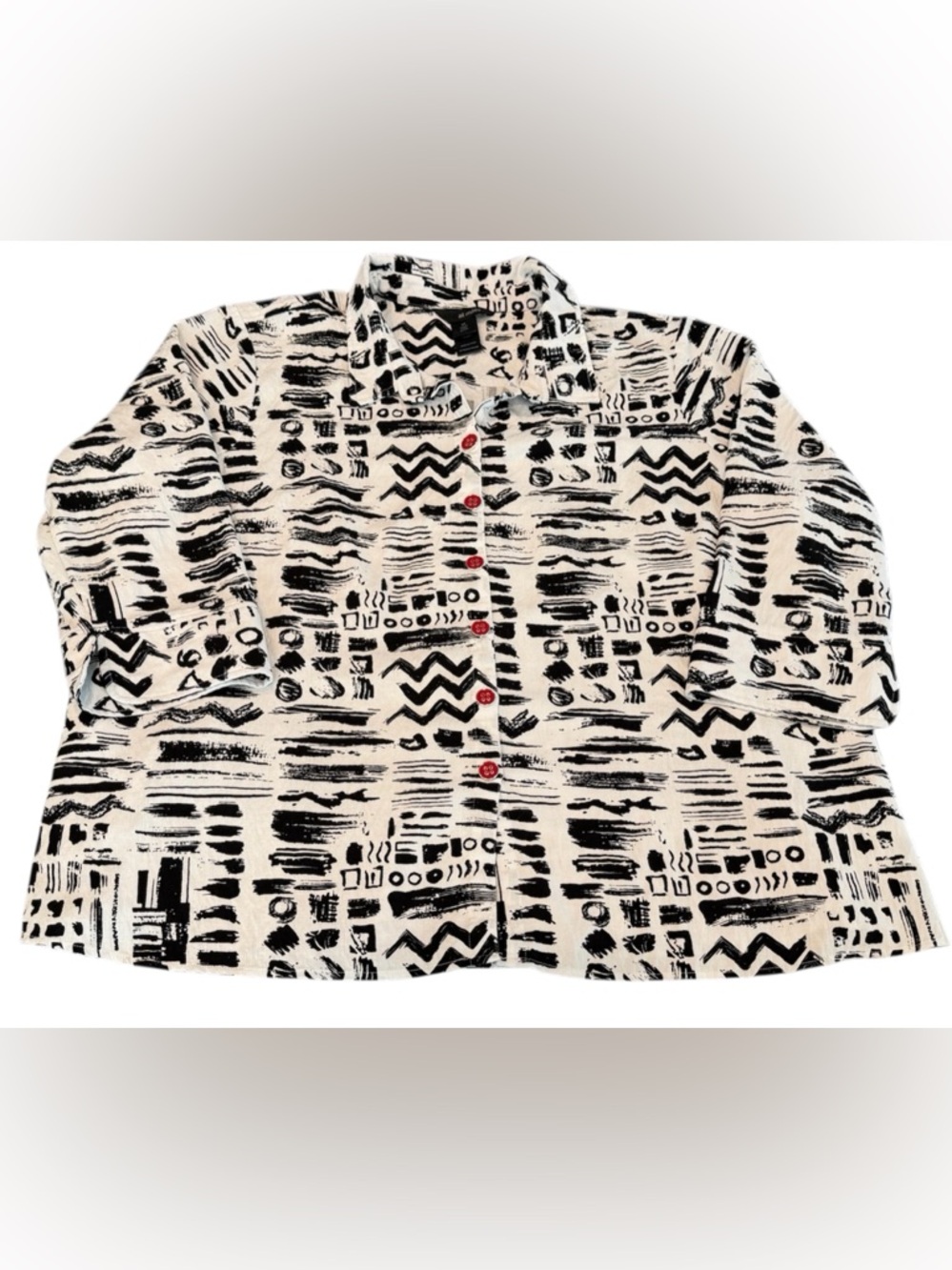 Ali Miles Abstract Black White Top Blouse 2XL Pockets 3/4 Sleeves Button Up EUC